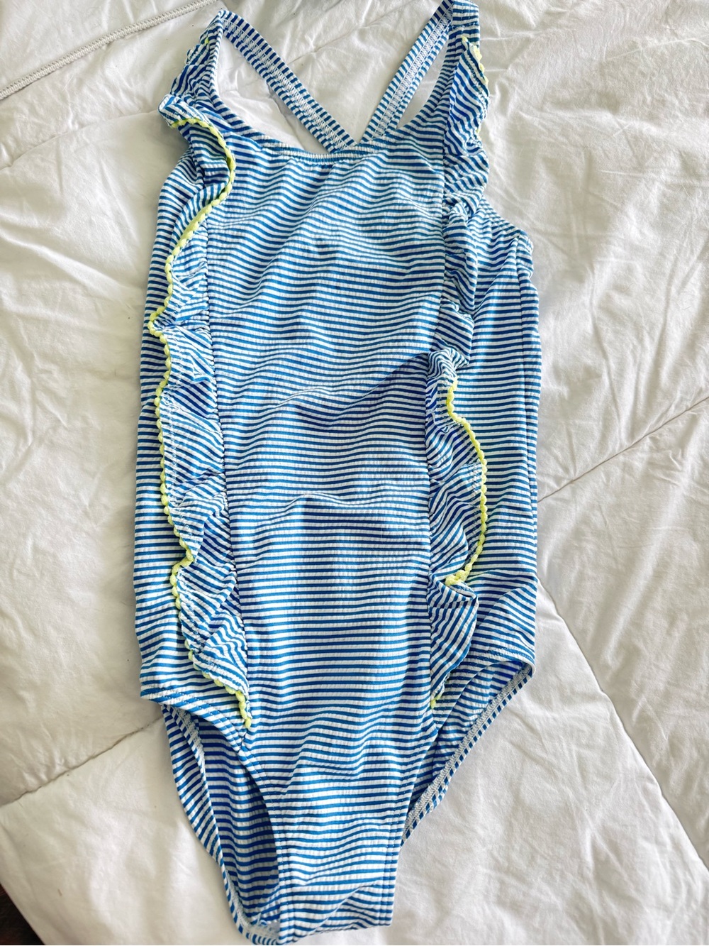 Mini Boden Striped Blue & White Girls One-Piece Swimsuit with Yellow Trim